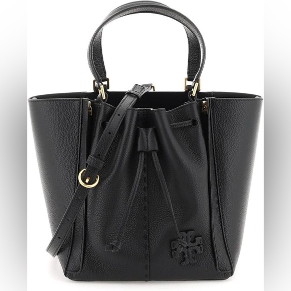 Tory Burch Women's McGraw Drawstring Leather Satchel Black Pebbled Leather - Picture 1 of 9
